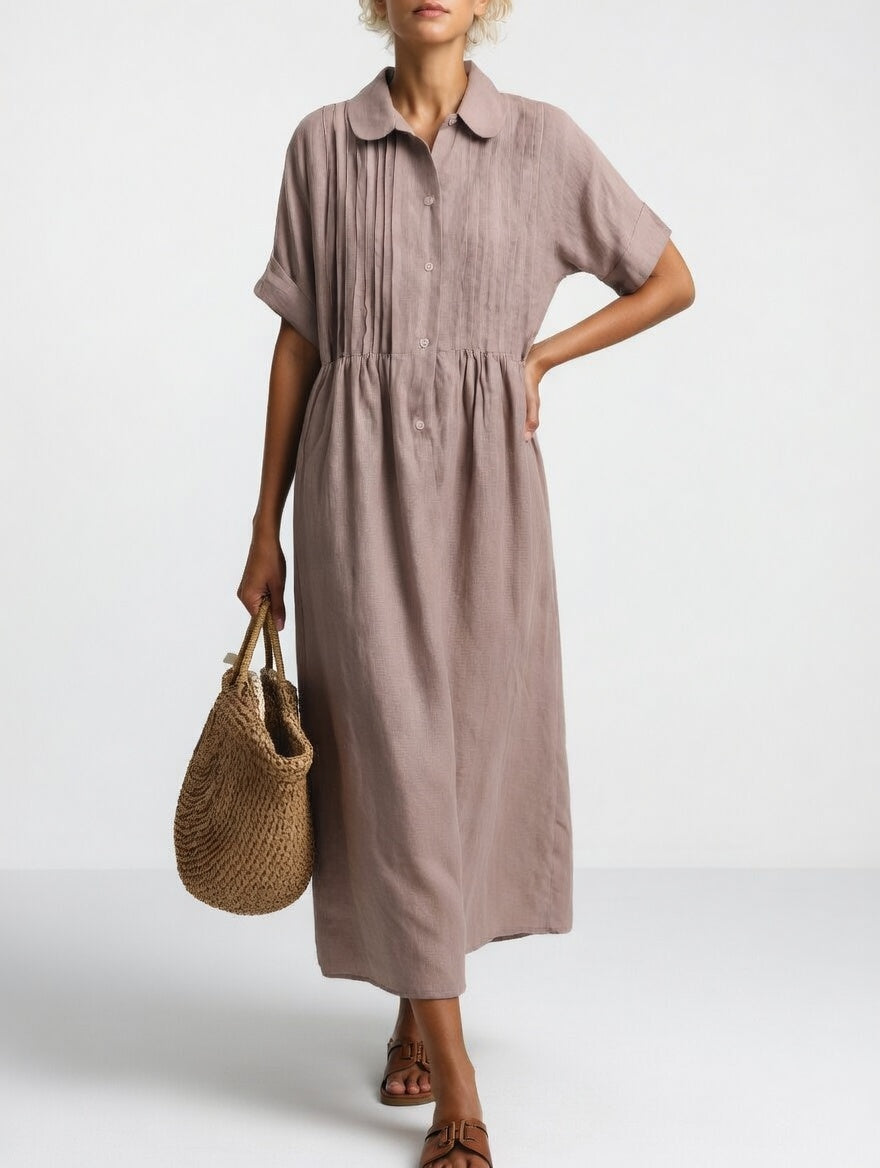 Women's shirt midi dress with rounded collar, short sleeves and gathered waist