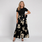 Women's floral A-line maxi dress with short sleeves and tie waist