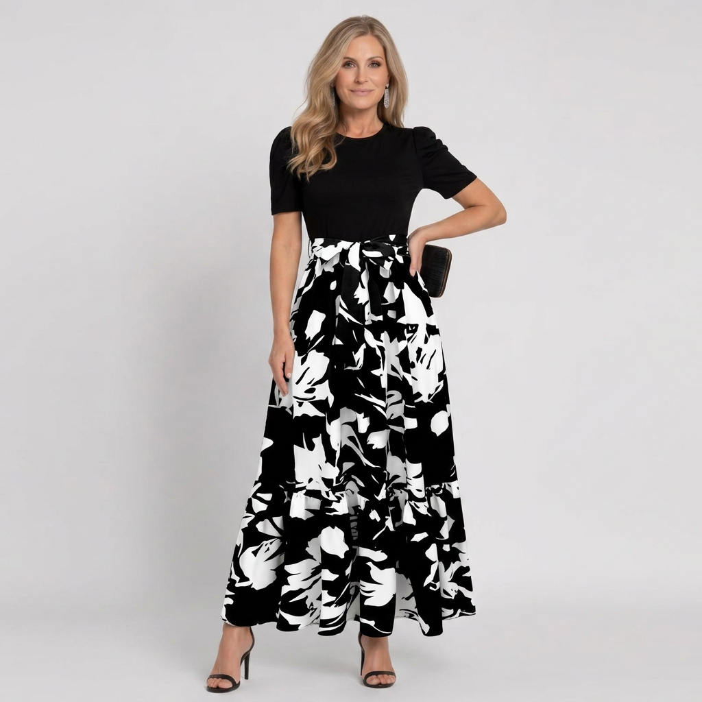 Vestido largo de flores en A de mujer con manga corta y cuello redondo