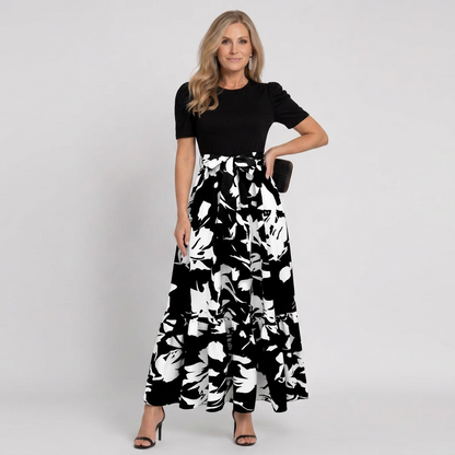 Vestido largo de flores en A de mujer con manga corta y cuello redondo