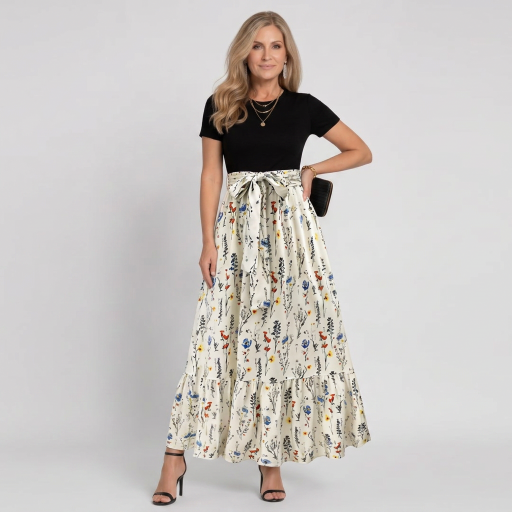 Vestido largo de flores en A de mujer con manga corta y cuello redondo