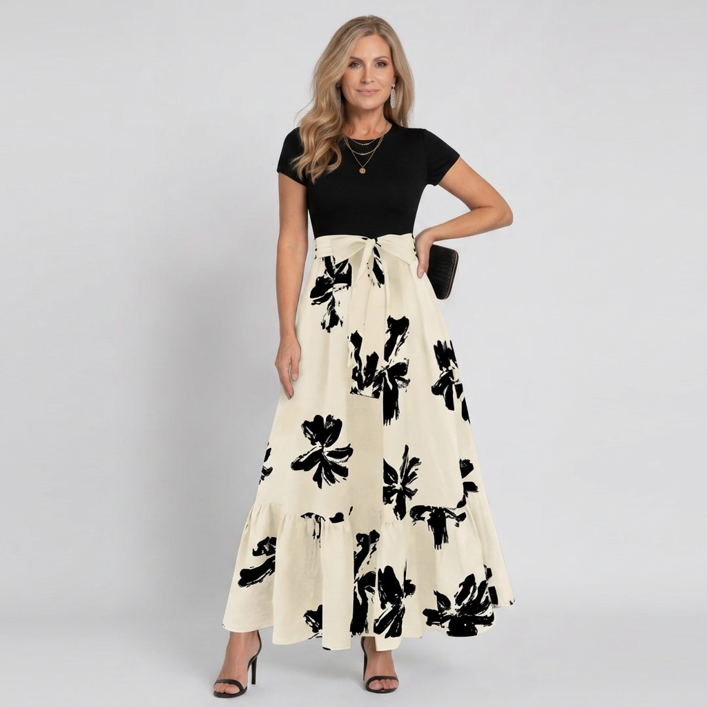 Vestido largo de flores en A de mujer con manga corta y cuello redondo