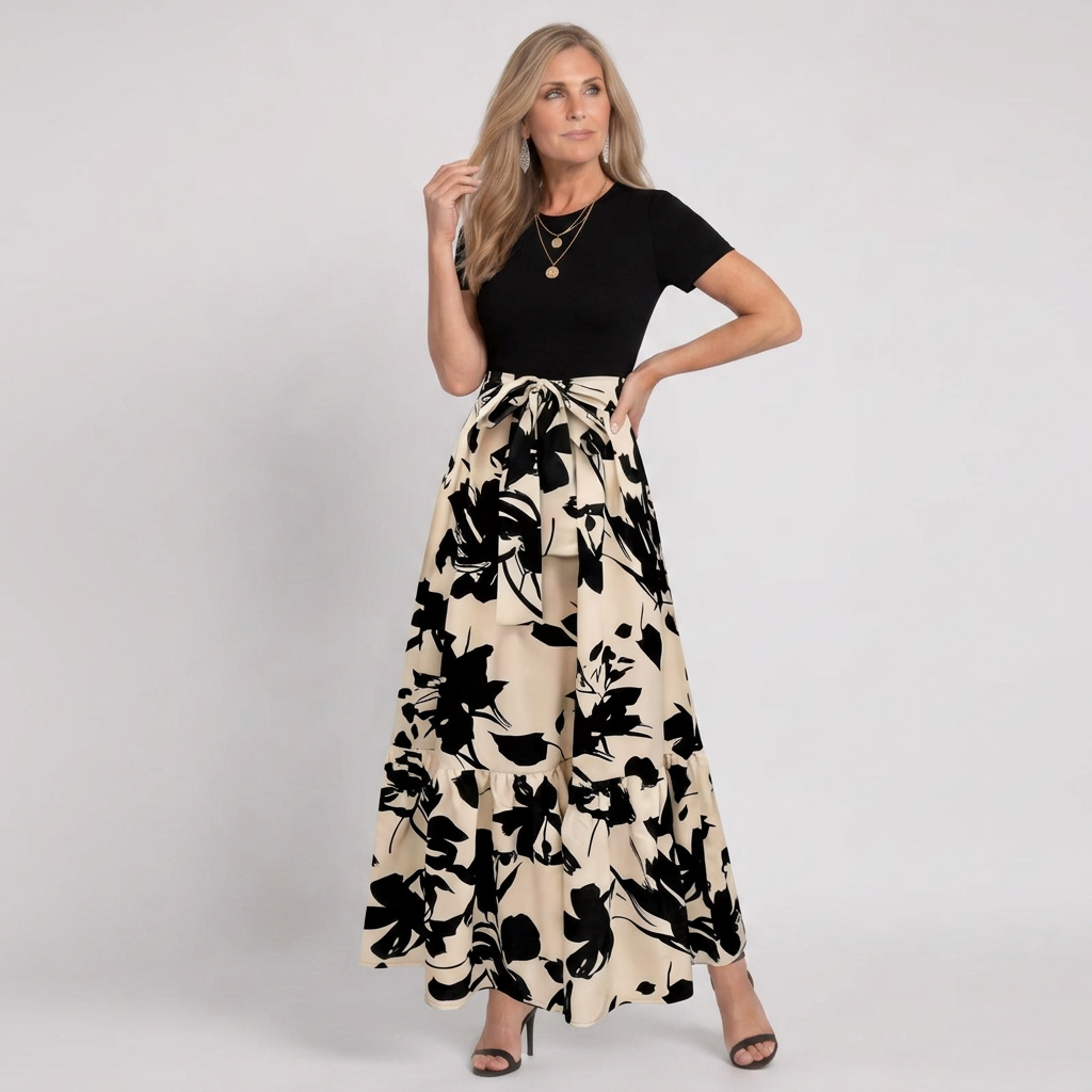 Vestido largo de flores en A de mujer con manga corta y cuello redondo