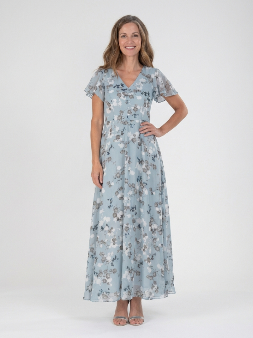 Women's floral maxi dress with V-neckline and short sleeves