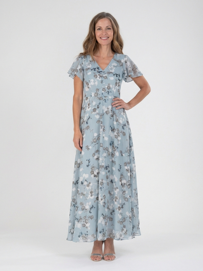 Women's floral maxi dress with V-neckline and short sleeves