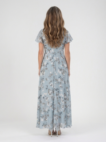 Women's floral maxi dress with V-neckline and short sleeves
