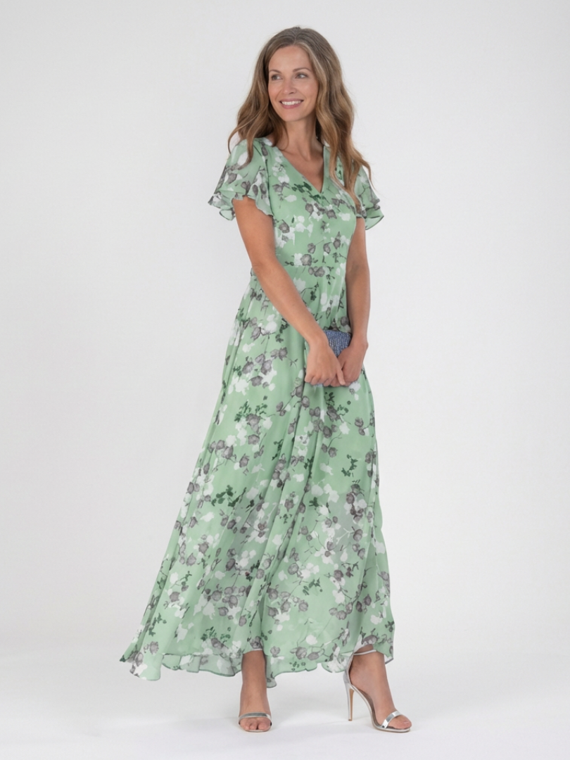 Women's floral maxi dress with V-neckline and short sleeves