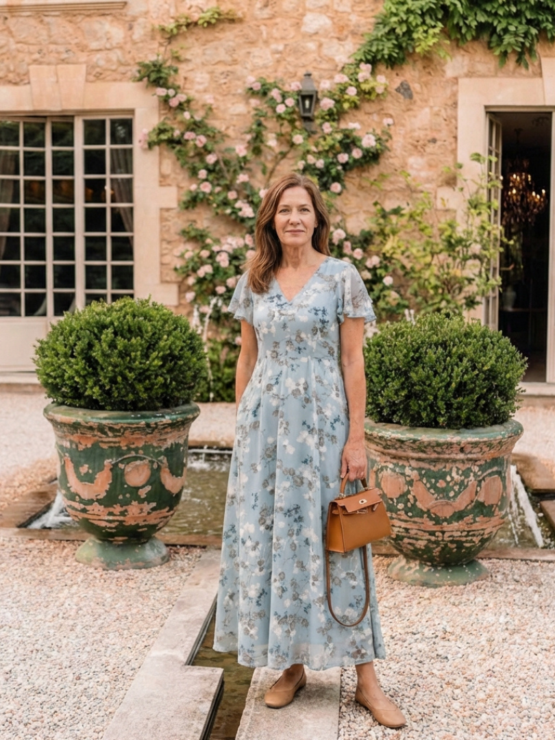 Women's floral maxi dress with V-neckline and short sleeves