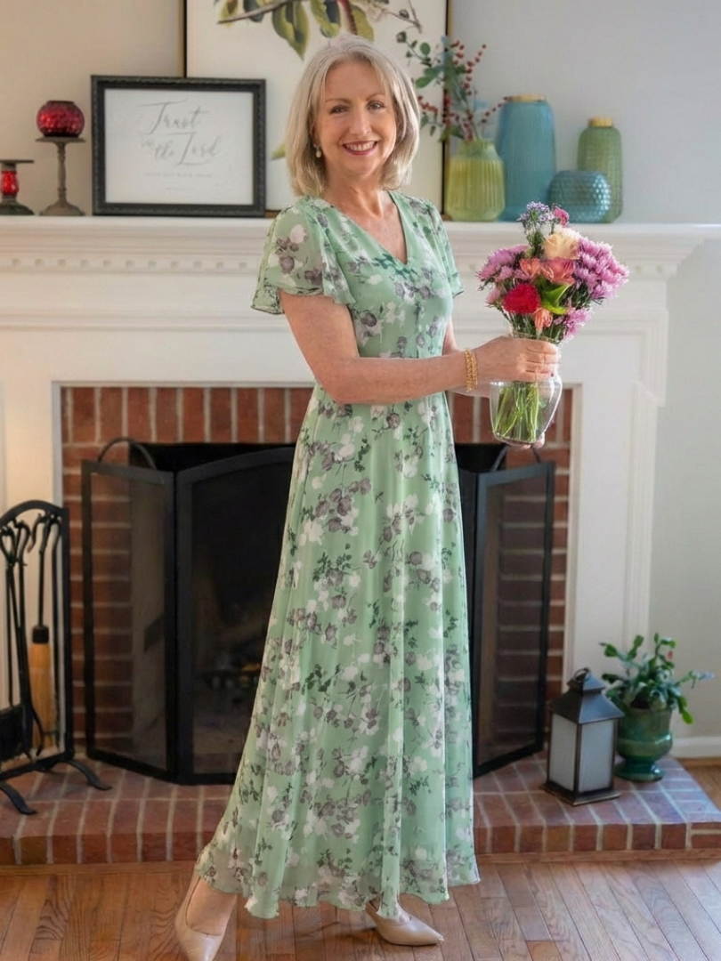 Women's floral maxi dress with V-neckline and short sleeves