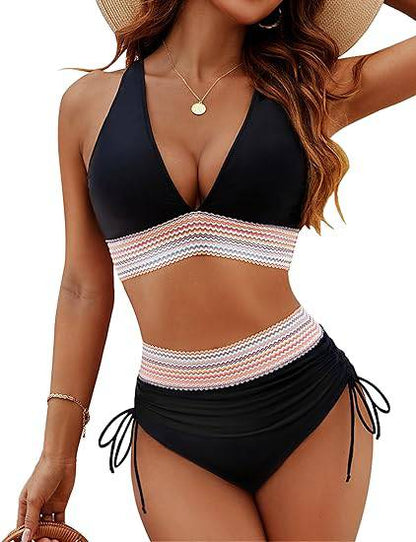 Women's two-piece bikini with plunging halter top, contrast trim and tie-side briefs