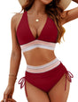 Women's two-piece bikini with plunging halter top, contrast trim and tie-side briefs