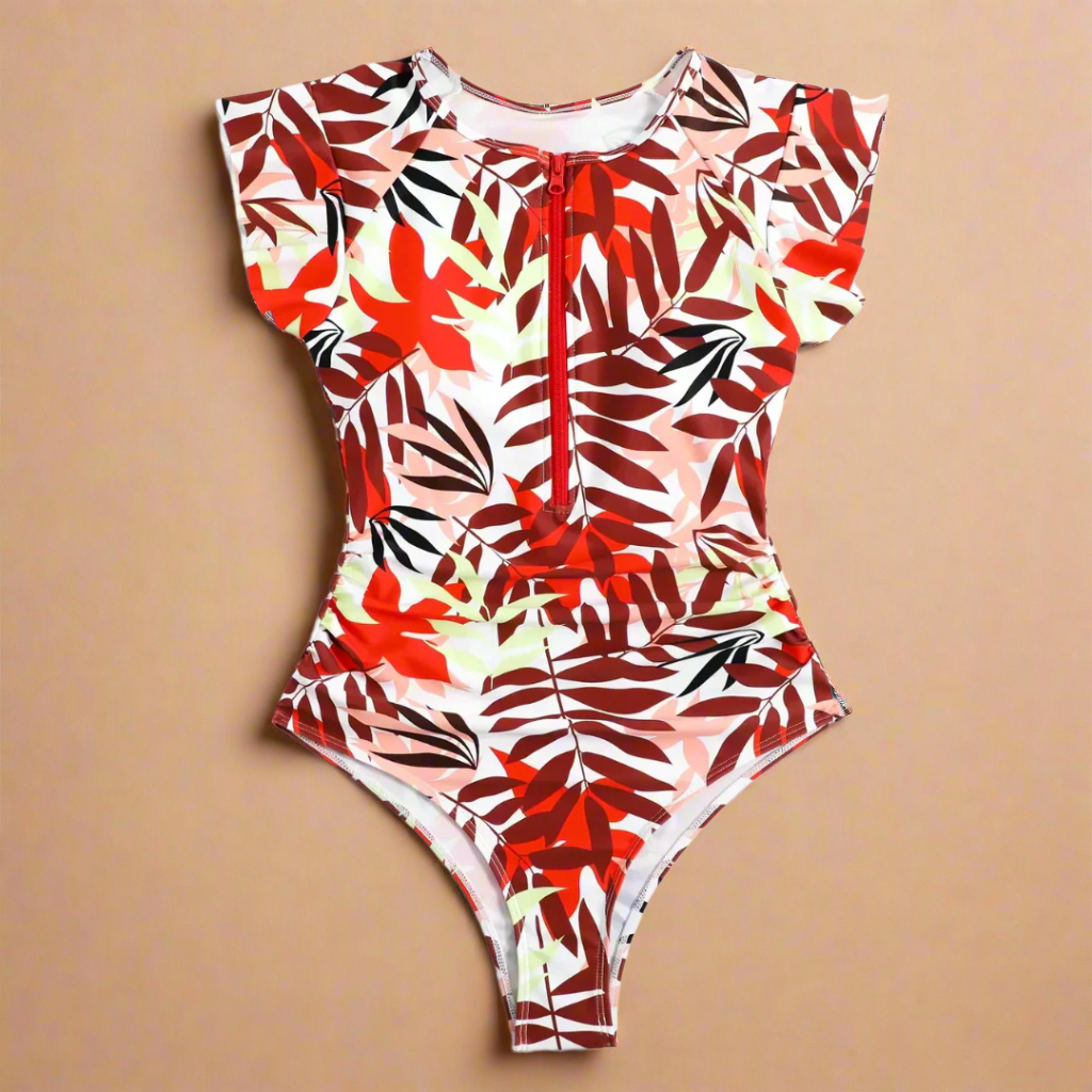 Women's short-sleeve one-piece swimsuit with front zip and leafy print