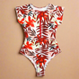 Women's short-sleeve one-piece swimsuit with front zip and leafy print