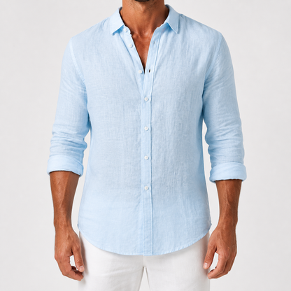 Men's long-sleeve button-front shirt with classic collar and curved hem