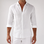 Men's long-sleeve button-front shirt with classic collar and curved hem
