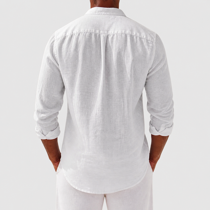 Men's long-sleeve button-front shirt with classic collar and curved hem