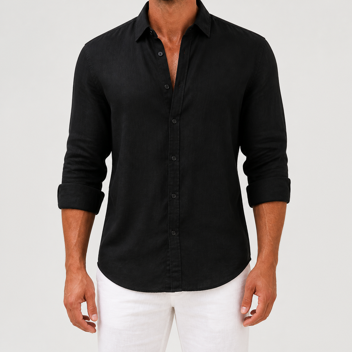 Men's long-sleeve button-front shirt with classic collar and curved hem