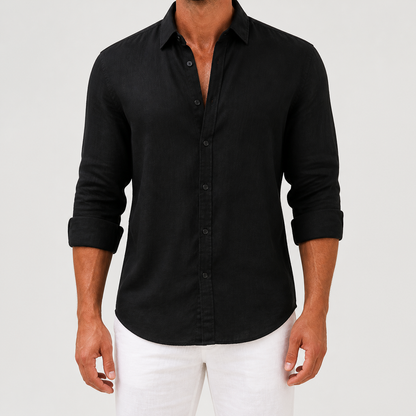 Men's long-sleeve button-front shirt with classic collar and curved hem