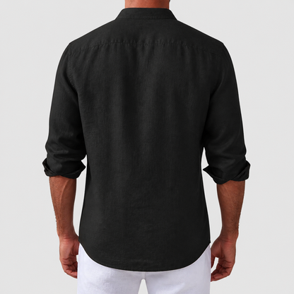 Men's long-sleeve button-front shirt with classic collar and curved hem