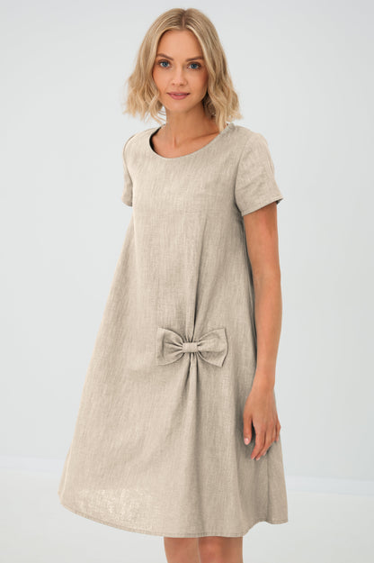 Women's A-line short dress with round neckline, short sleeves, bow detail and front pockets