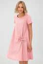 Women's A-line short dress with round neckline, short sleeves, bow detail and front pockets