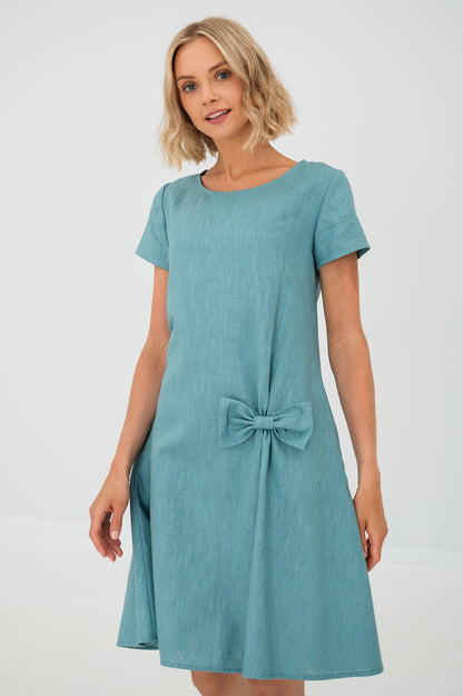 Women's A-line short dress with round neckline, short sleeves, bow detail and front pockets