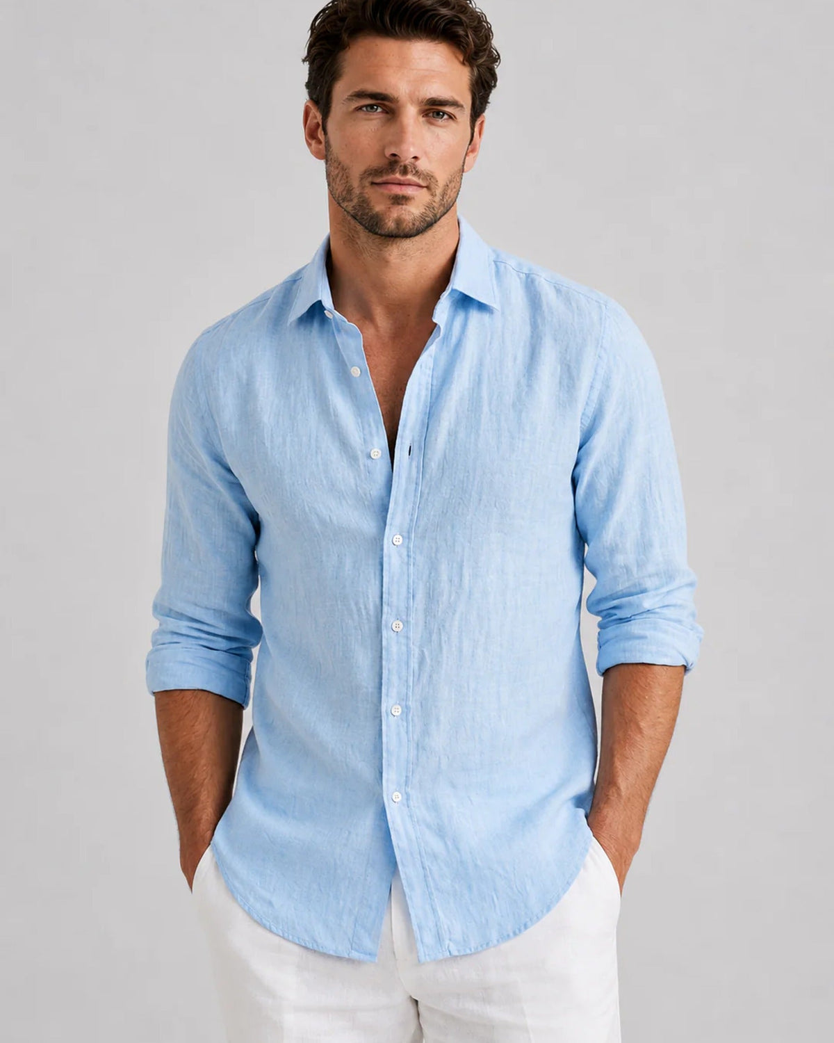 Men's long-sleeve collared shirt with button front and curved hem