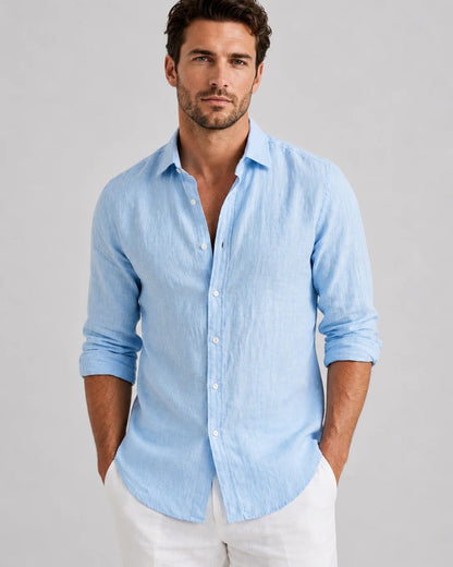 Men's long-sleeve collared shirt with button front and curved hem