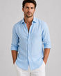 Men's long-sleeve collared shirt with button front and curved hem