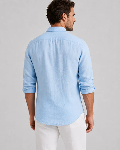 Men's long-sleeve collared shirt with button front and curved hem