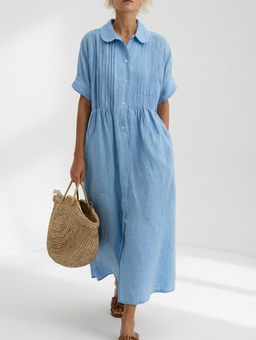 Women's shirt midi dress with rounded collar, short sleeves and gathered waist