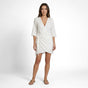 Women's wrap mini dress with V-neckline, three-quarter sleeves and asymmetric hem