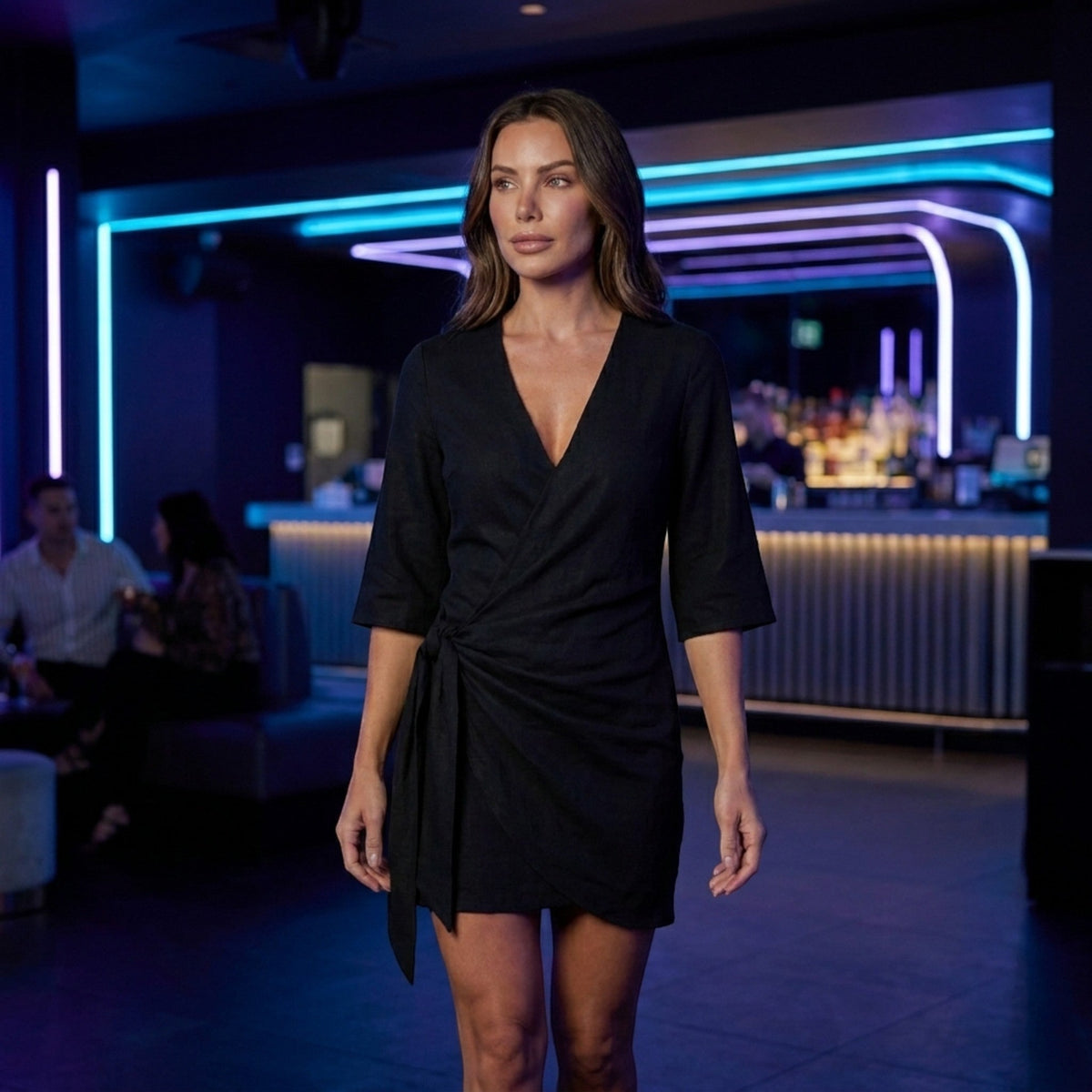 Women's wrap mini dress with V-neckline, three-quarter sleeves and asymmetric hem