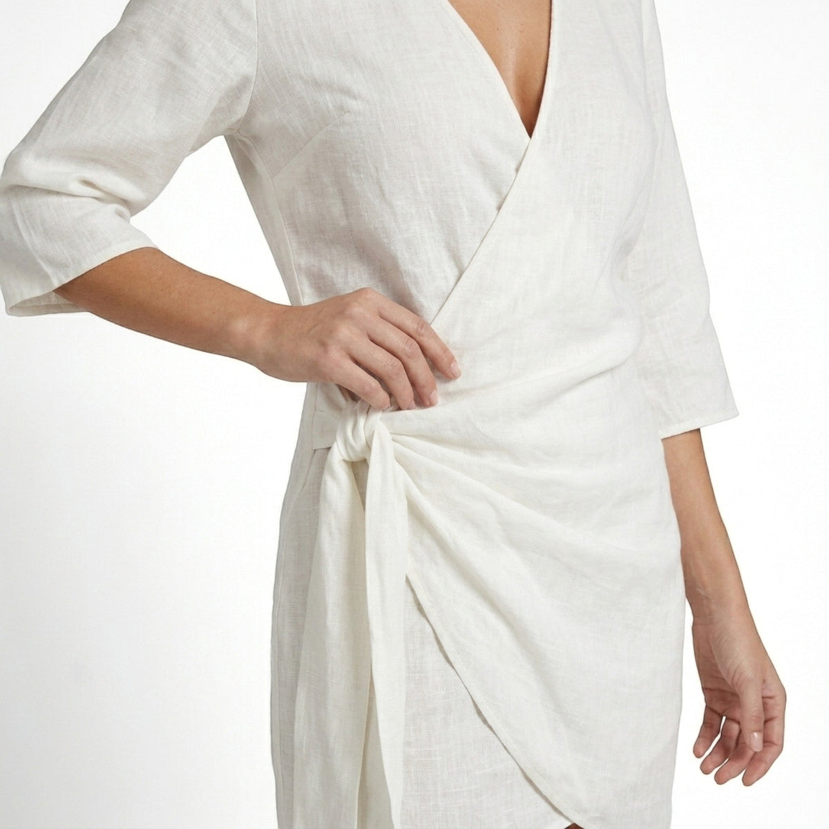 Women's wrap mini dress with V-neckline, three-quarter sleeves and asymmetric hem