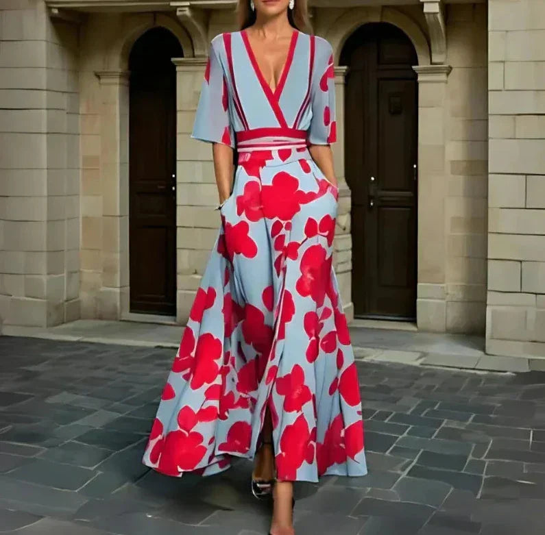 Women's floral wrap maxi dress with V-neckline, three-quarter sleeves and flared skirt