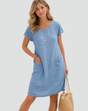 Women's loose short-sleeve mini dress with round neckline and front pockets