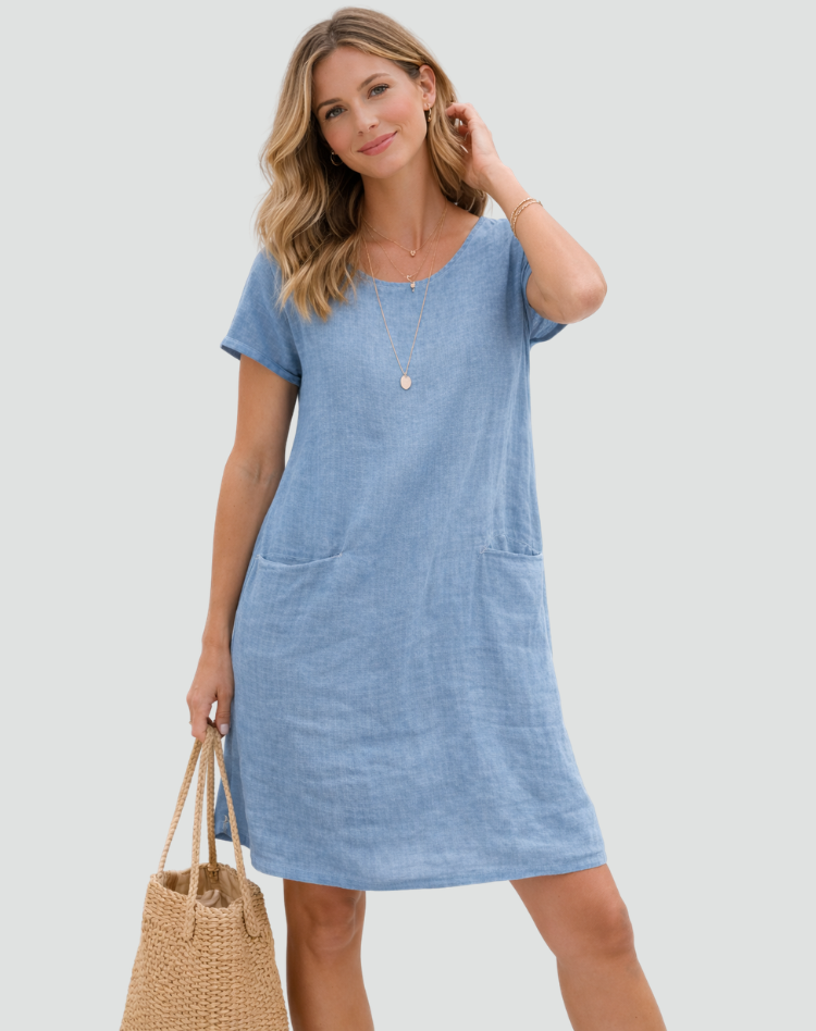 Women's loose short-sleeve mini dress with round neckline and front pockets