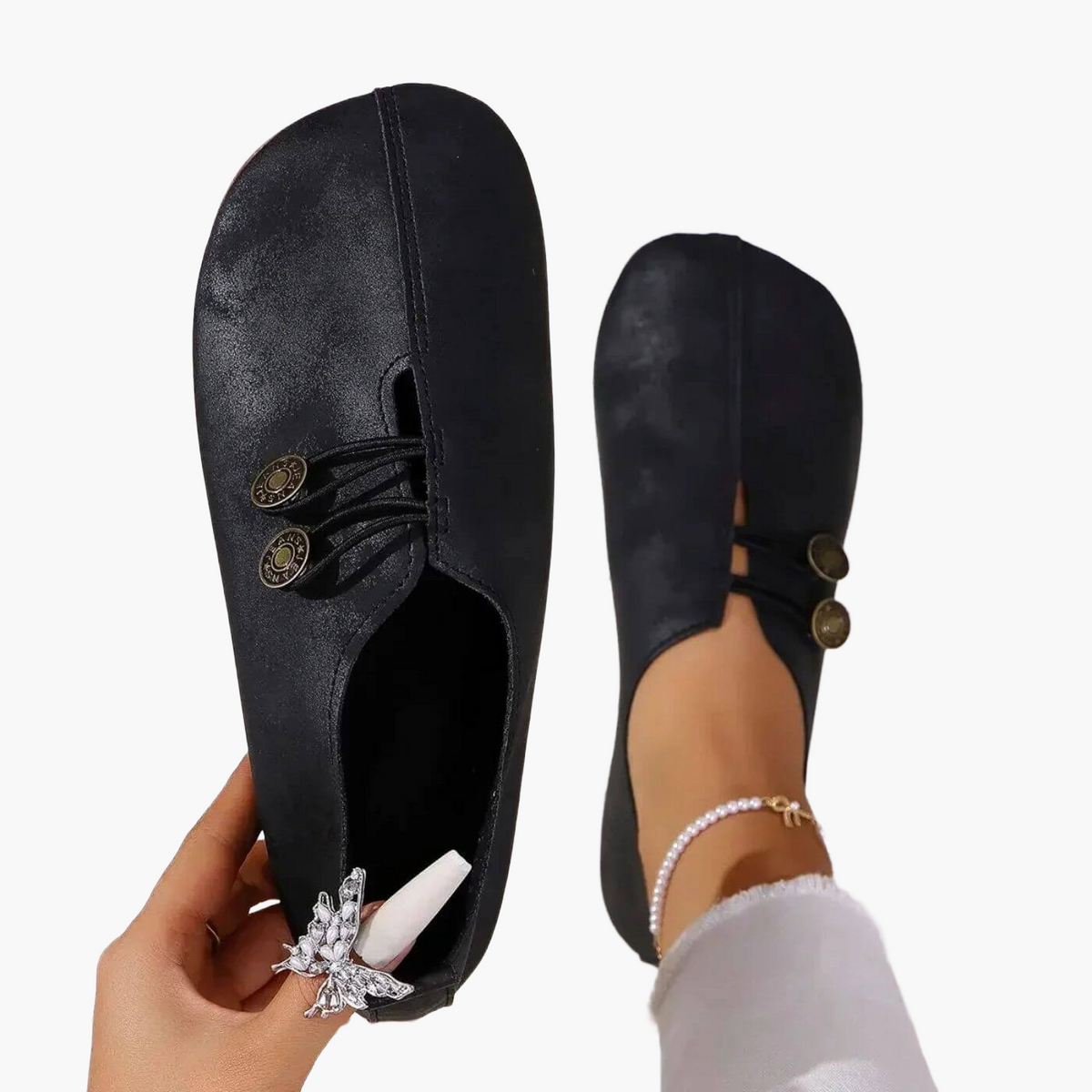 Women's slip-on flat shoes with round toes and button-style elastic detail