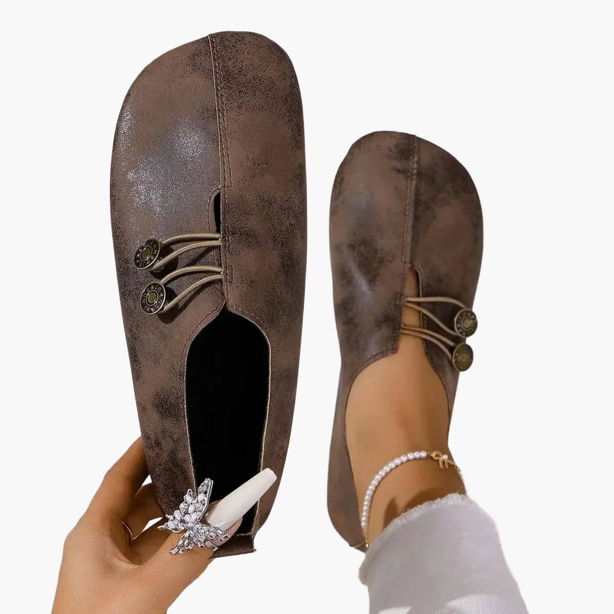 Women's slip-on flat shoes with round toes and button-style elastic detail