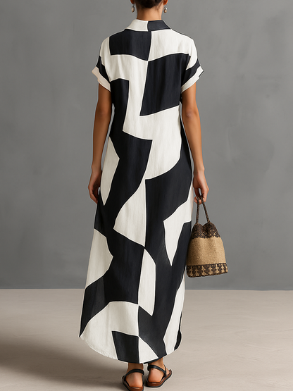 Women's black and white geometric maxi shirt dress with short sleeves and button front