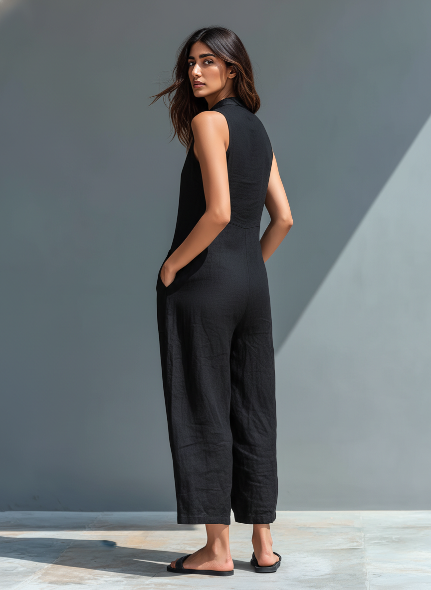 Women's sleeveless button-front utility jumpsuit with wide cropped legs and patch pockets
