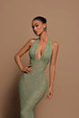 Women's green sequin halter maxi dress with plunging neckline and sleeveless fitted silhouette