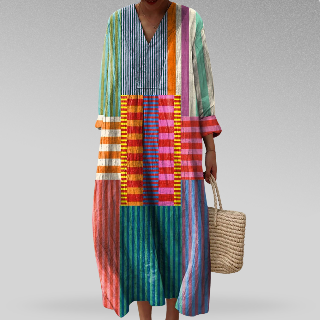 Women's multicoloured striped colourblock maxi dress with V-neck and three-quarter sleeves