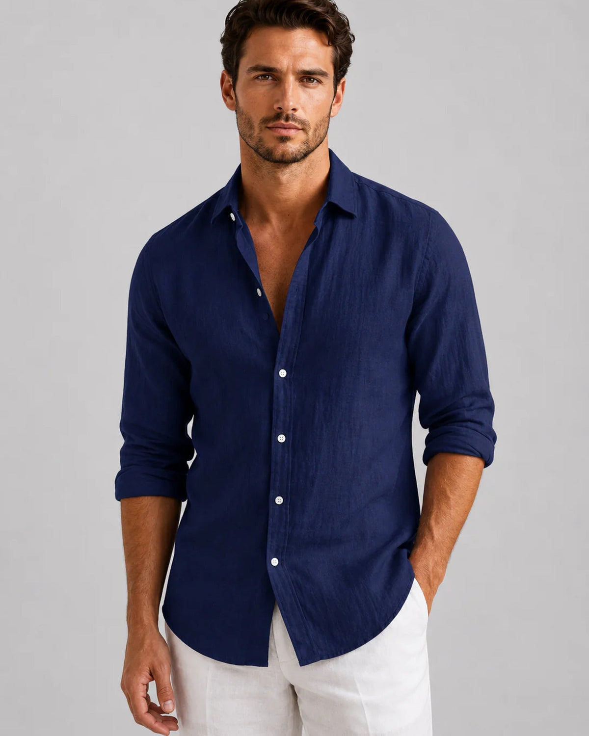 Men's long-sleeve collared shirt with button front and curved hem