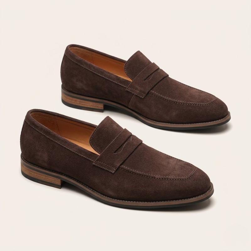 Men's slip-on loafers with penny straps, rounded toes and low heels