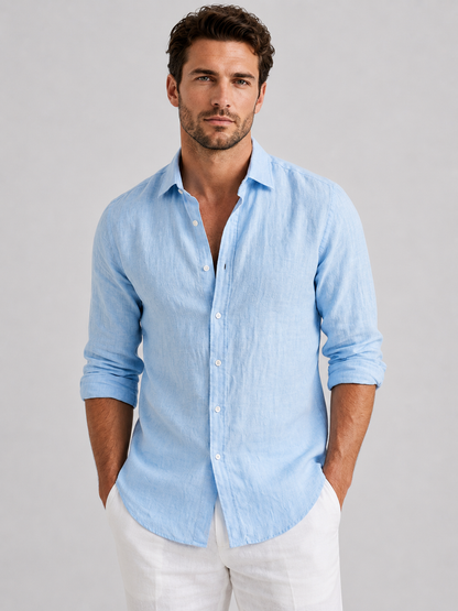 Men's long-sleeve textured button-up shirt with pointed collar and curved hem
