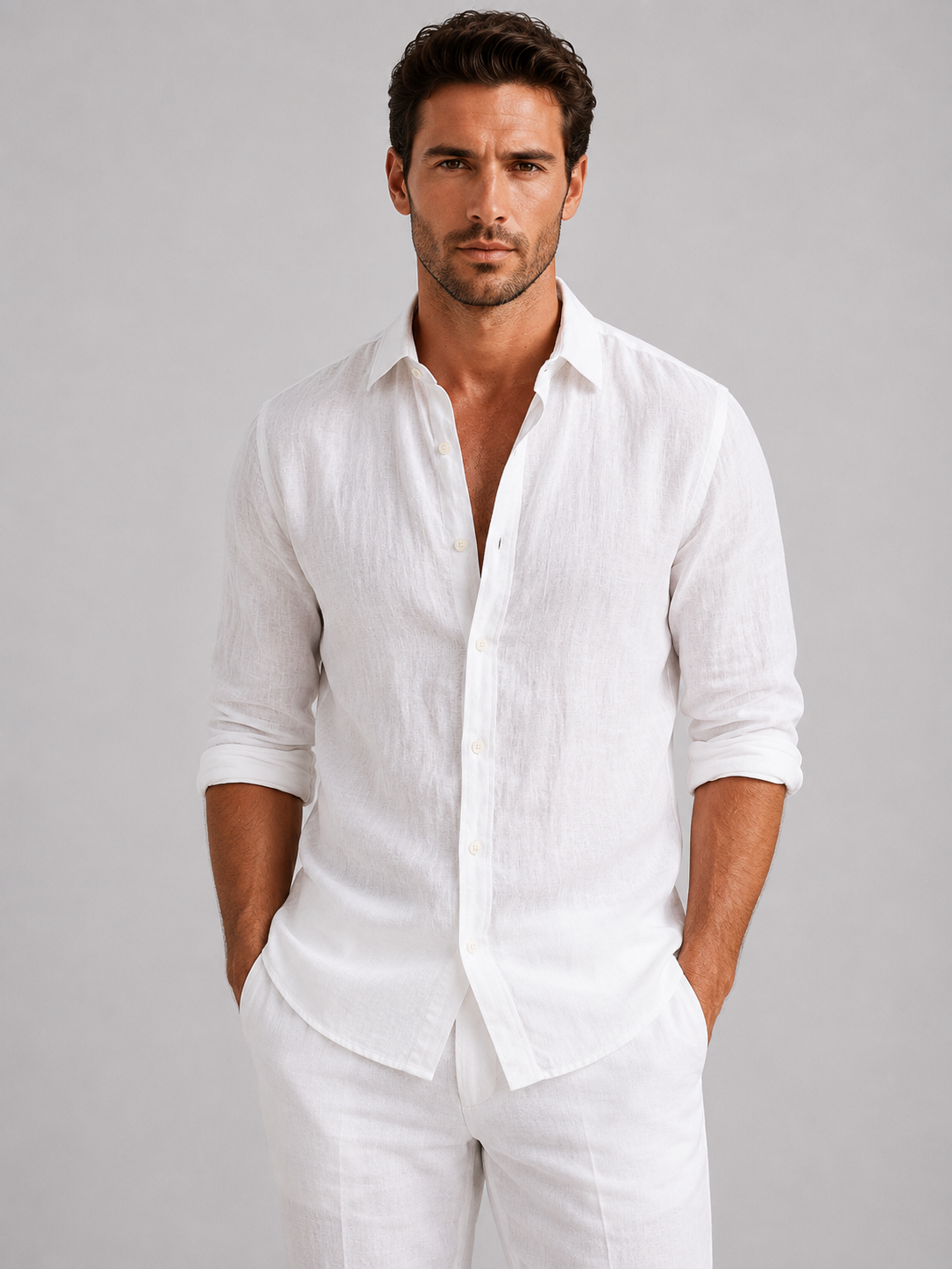 Men's long-sleeve textured button-up shirt with pointed collar and curved hem