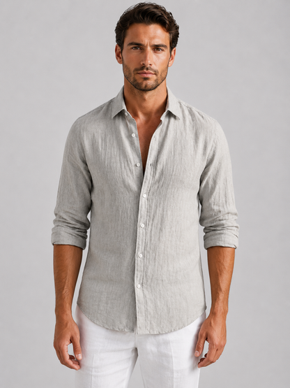 Men's long-sleeve textured button-up shirt with pointed collar and curved hem