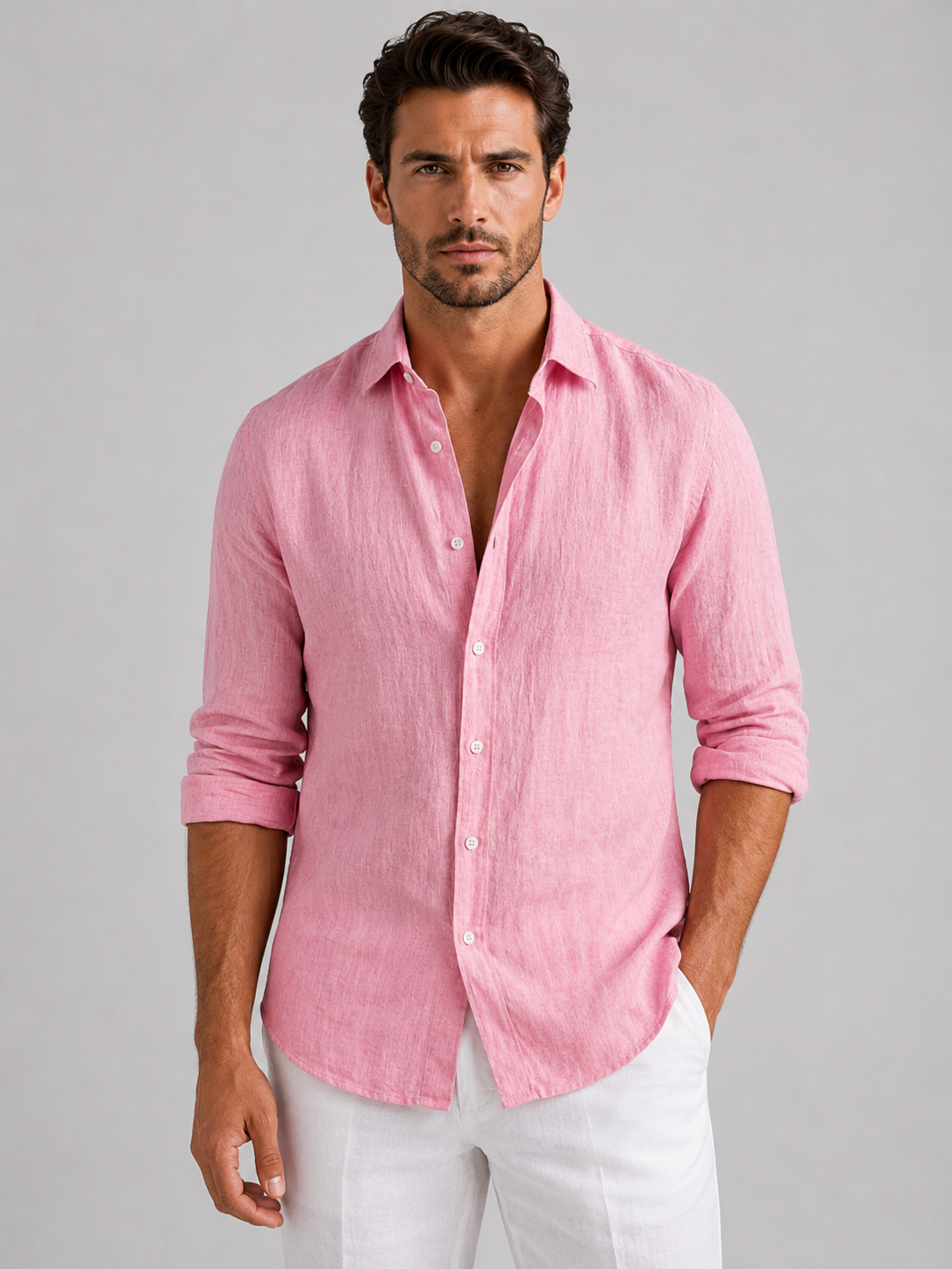 Men's long-sleeve textured button-up shirt with pointed collar and curved hem