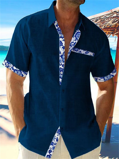 Men's short sleeve shirt with contrasting floral trim on the placket, cuffs and chest pocket